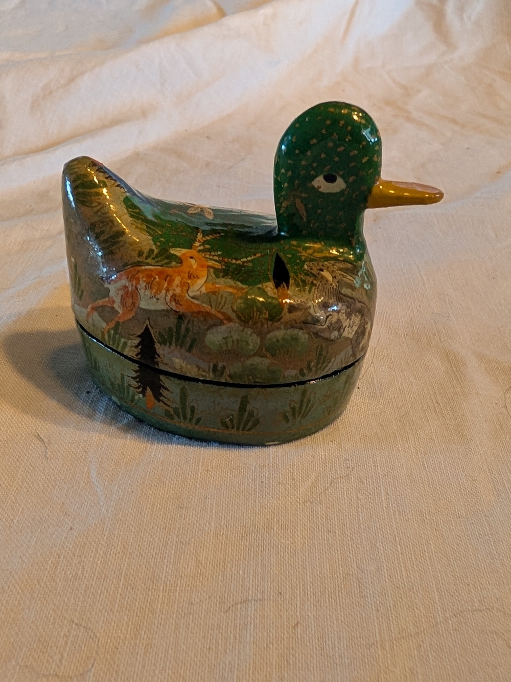 2/30$ Vintage Hand-Painted Green and Gold Duck Trinket Box